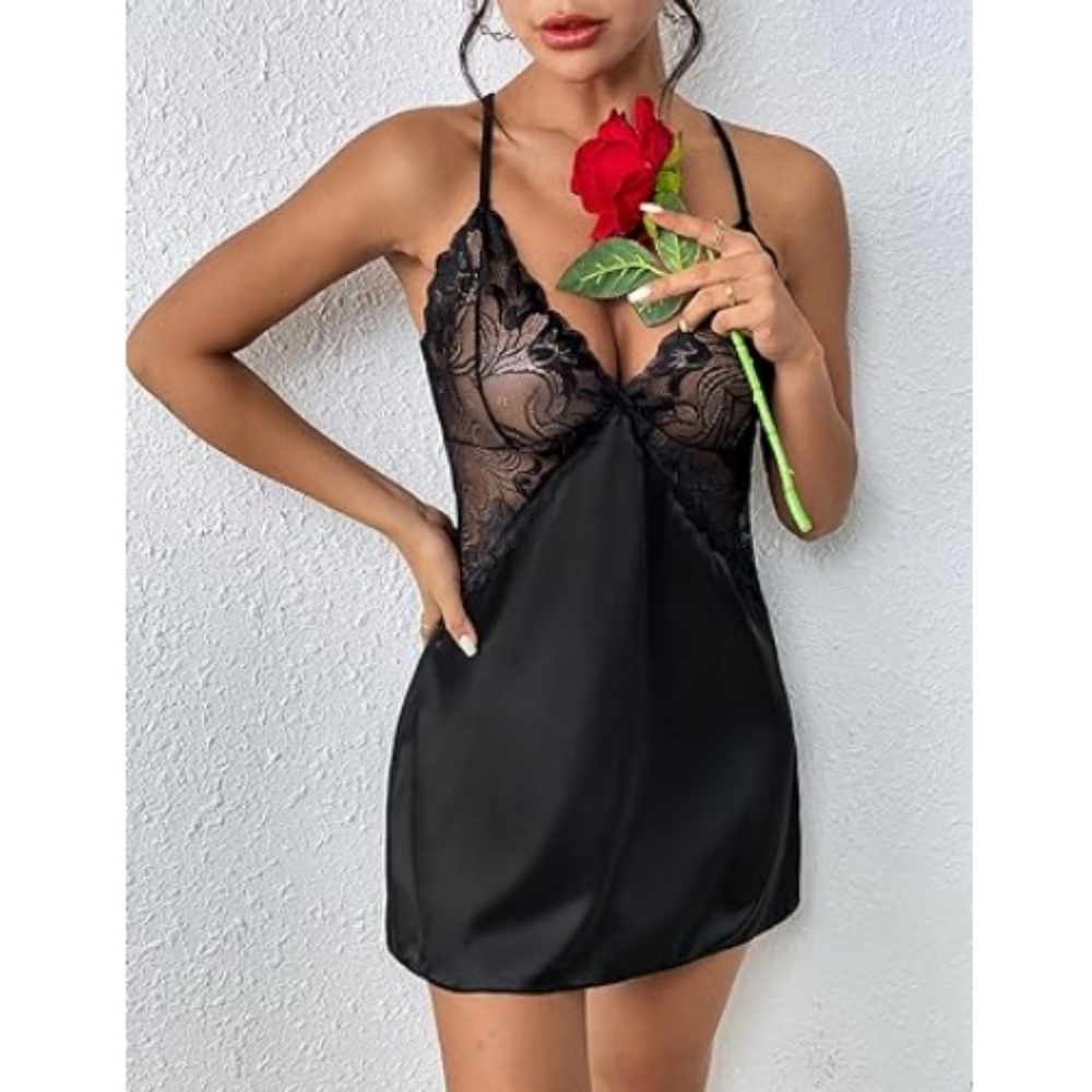 Avidlov Lingerie VNeck Nightwear Satin Lace Chemise Mini Teddy Black